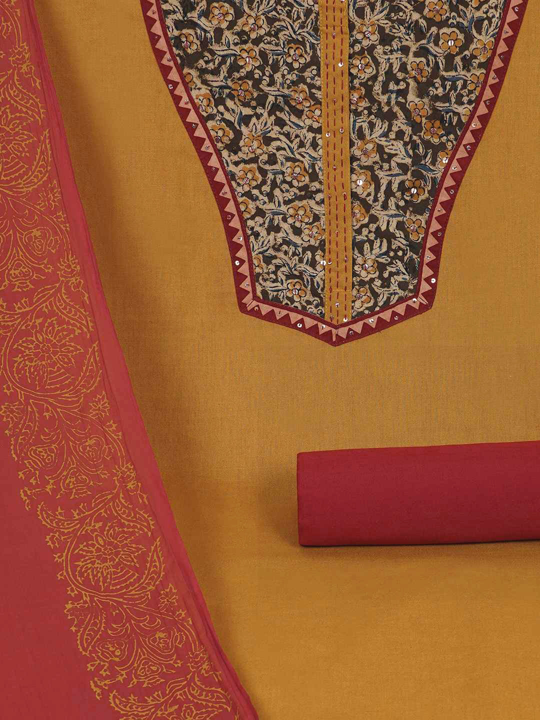 3-piece unstitched set with intricate floral patterns, paired with a contrasting black dupatta & plain bottom.(Yellow)