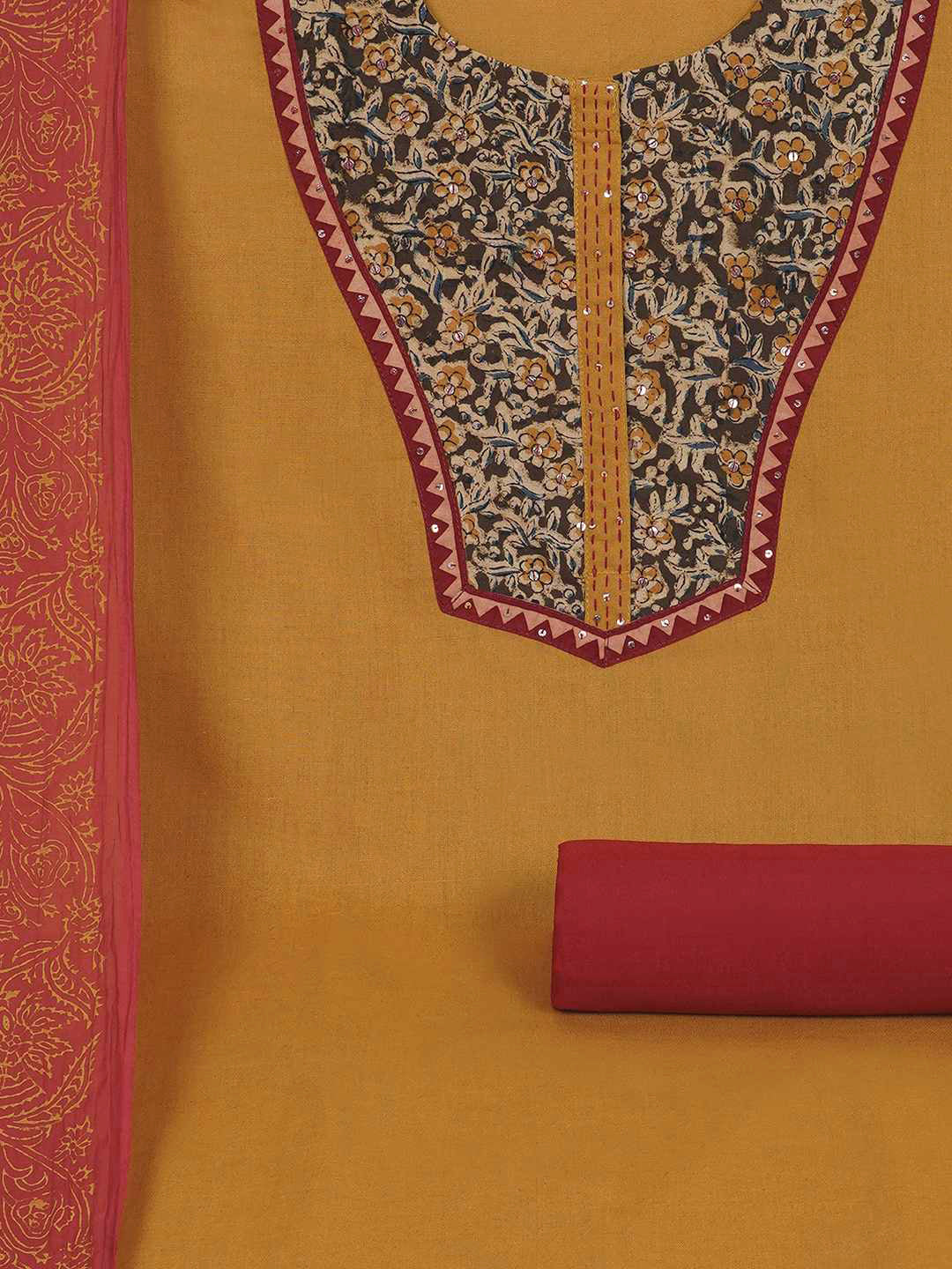 3-piece unstitched set with intricate floral patterns, paired with a contrasting black dupatta & plain bottom.(Yellow)