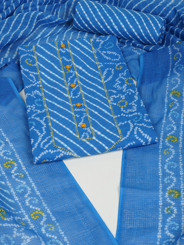 Blue printed unstitched suit set includes a mix and match leheriya trim in the yoke.