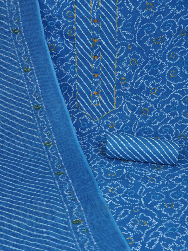 Blue printed unstitched suit set includes a mix and match leheriya trim in the yoke.