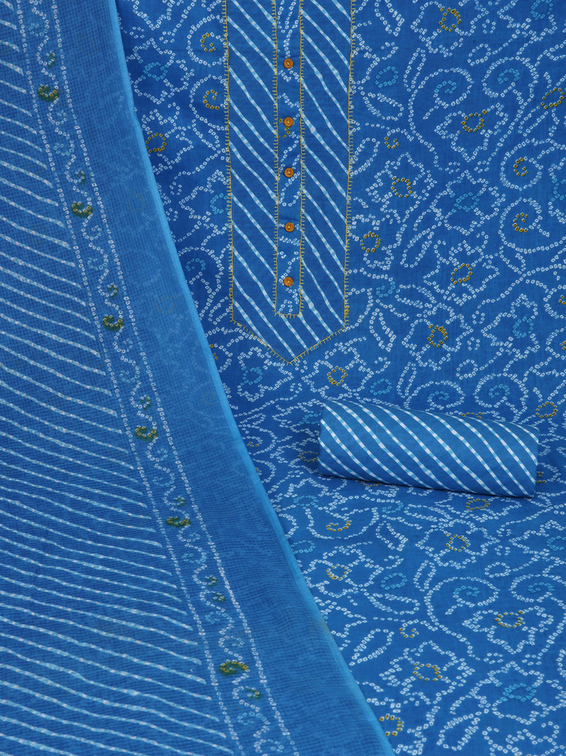 Blue printed unstitched suit set includes a mix and match leheriya trim in the yoke.