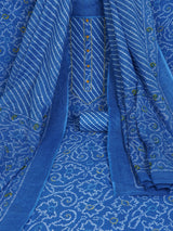 Blue printed unstitched suit set includes a mix and match leheriya trim in the yoke.