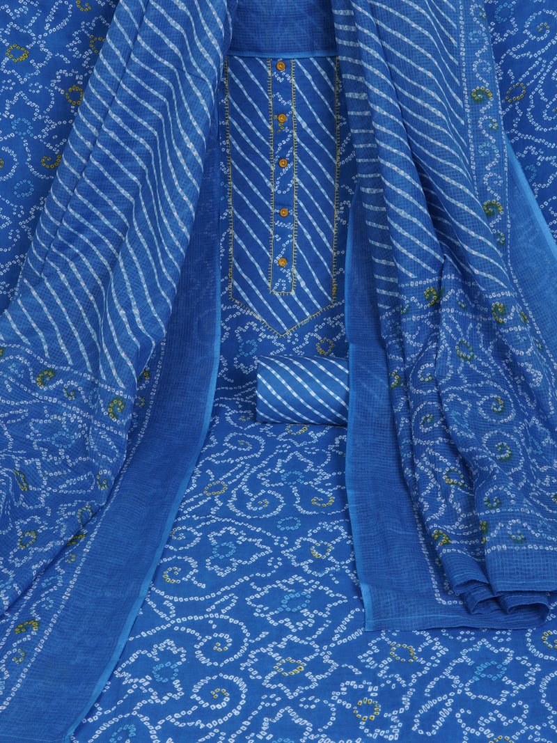 Blue printed unstitched suit set includes a mix and match leheriya trim in the yoke.