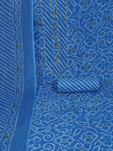 Blue printed unstitched suit set includes a mix and match leheriya trim in the yoke.