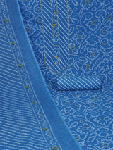 Blue printed unstitched suit set includes a mix and match leheriya trim in the yoke.