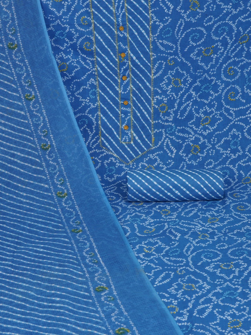 Blue printed unstitched suit set includes a mix and match leheriya trim in the yoke.