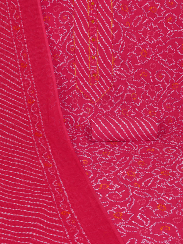 Red printed unstitched suit set includes a mix and match leheriya trim in the yoke.