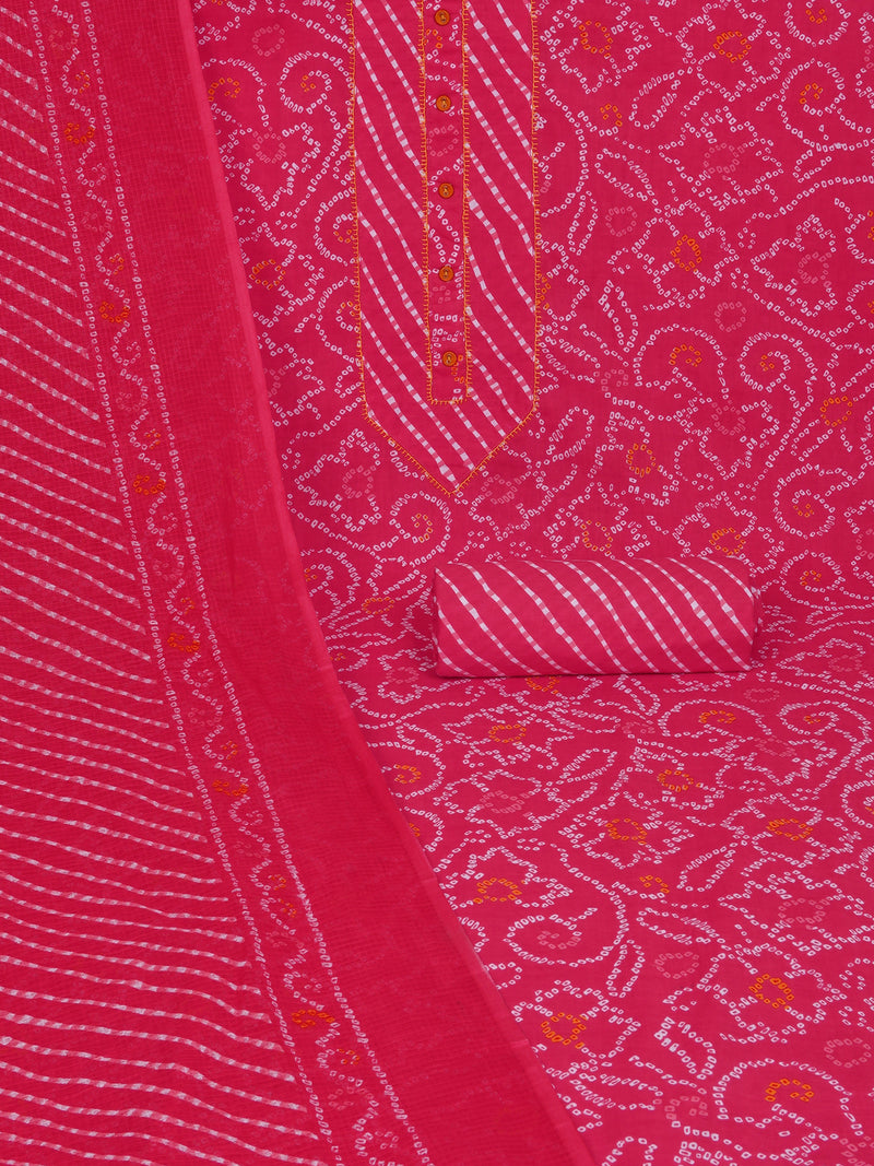 Red printed unstitched suit set includes a mix and match leheriya trim in the yoke.