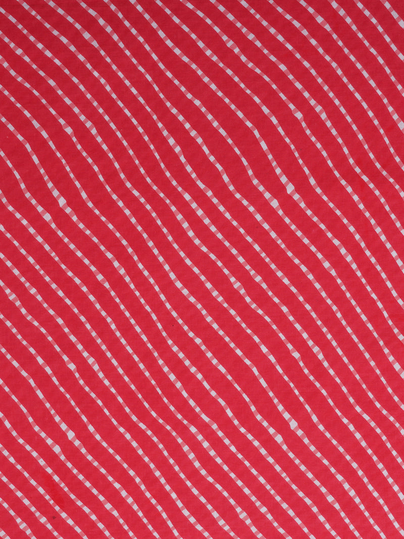 Red printed unstitched suit set includes a mix and match leheriya trim in the yoke.
