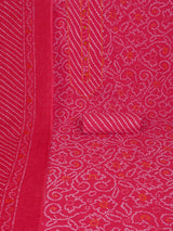 Red printed unstitched suit set includes a mix and match leheriya trim in the yoke.