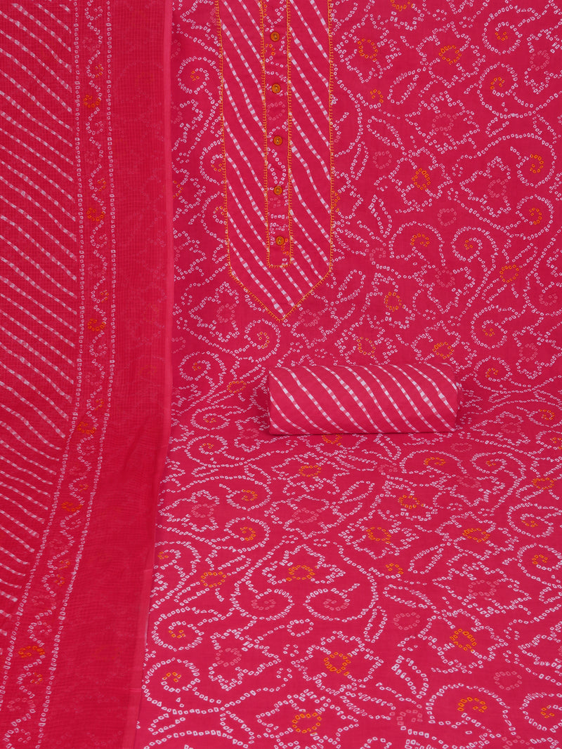 Red printed unstitched suit set includes a mix and match leheriya trim in the yoke.
