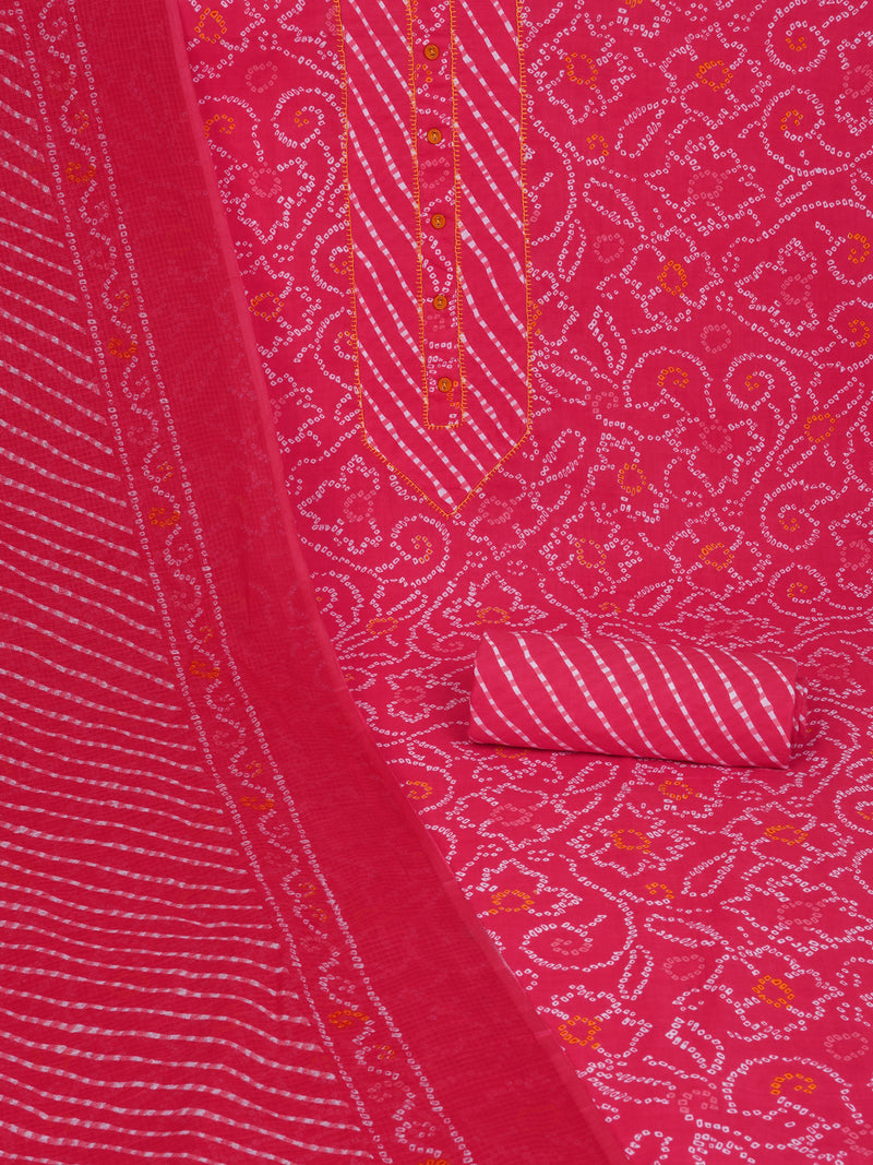 Red printed unstitched suit set includes a mix and match leheriya trim in the yoke.