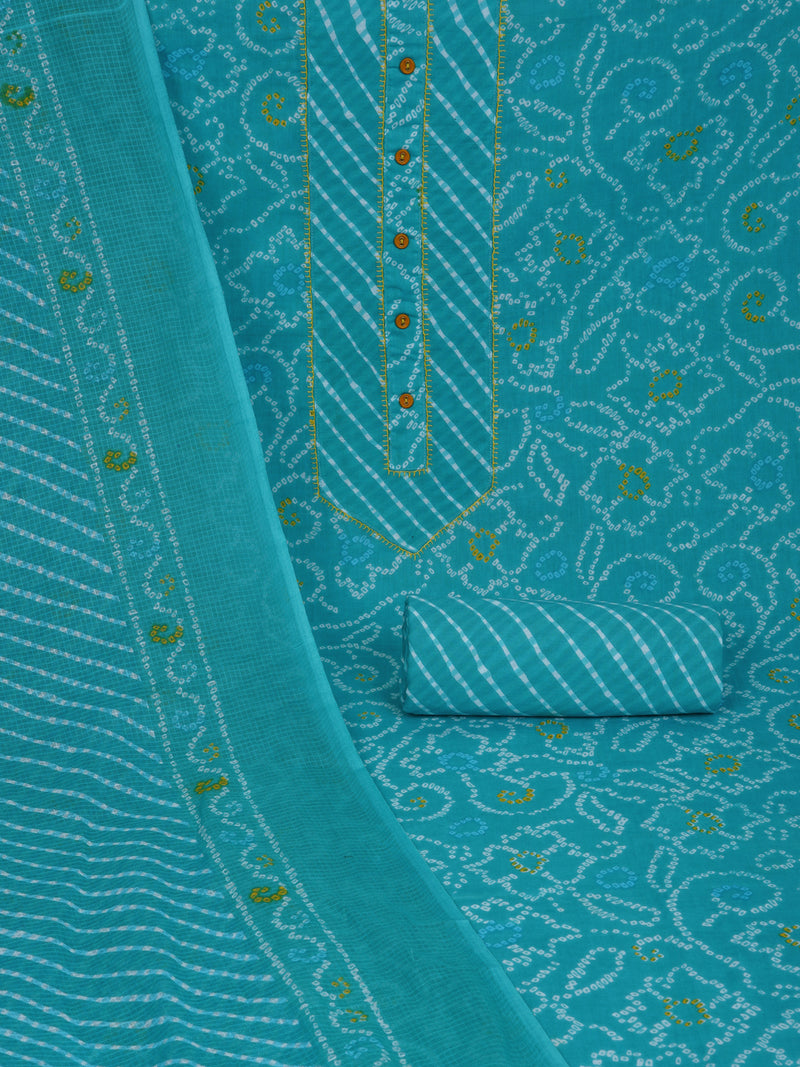 Aqua printed unstitched suit set includes a mix and match leheriya trim in the yoke.