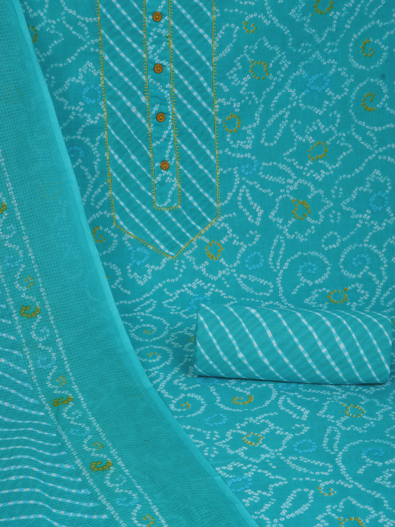 Aqua printed unstitched suit set includes a mix and match leheriya trim in the yoke.