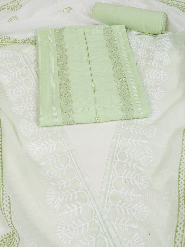 A light green unstitched suit set with intricate top paired with plain bottom and Kota doria dupatta.