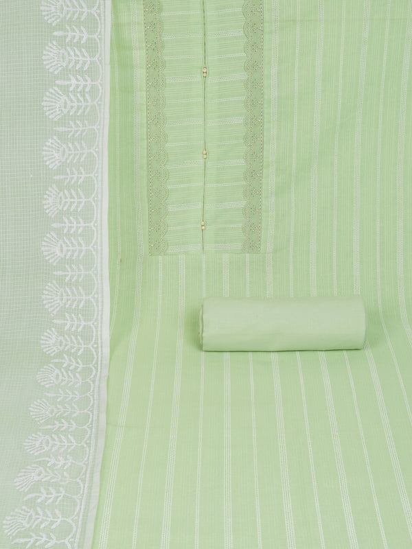 A light green unstitched suit set with intricate top paired with plain bottom and Kota doria dupatta.