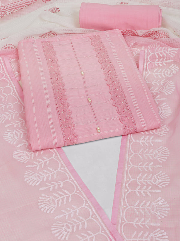 A light pink unstitched suit set with intricate top paired with plain bottom and Kota doria dupatta.