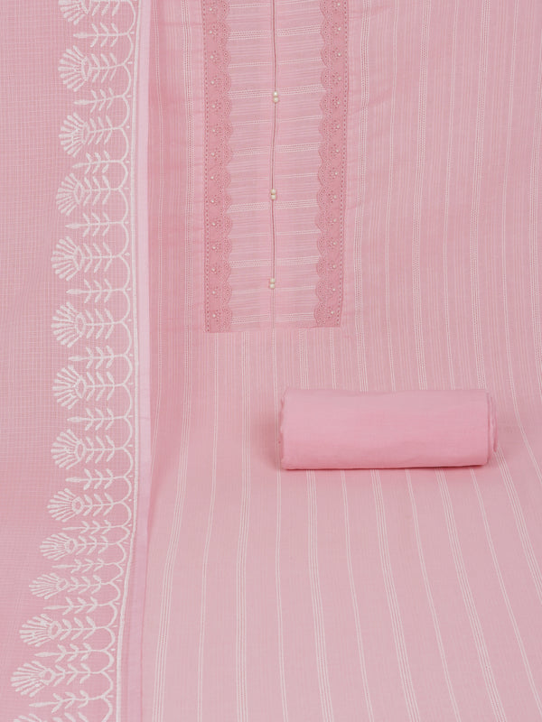 A light pink unstitched suit set with intricate top paired with plain bottom and Kota doria dupatta.