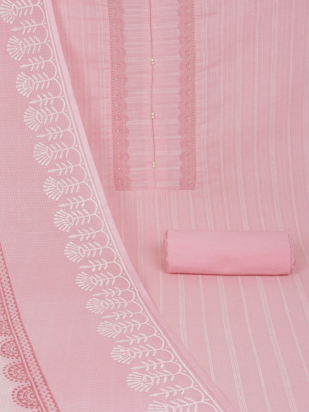 A light pink unstitched suit set with intricate top paired with plain bottom and Kota doria dupatta.