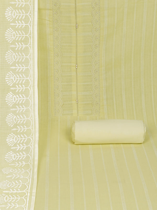A light yellow unstitched suit set with intricate top paired with plain bottom and Kota doria dupatta.