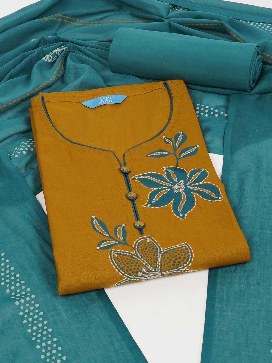 3-piece Floral block-printed suit set with machine highlight details.(Yellow)