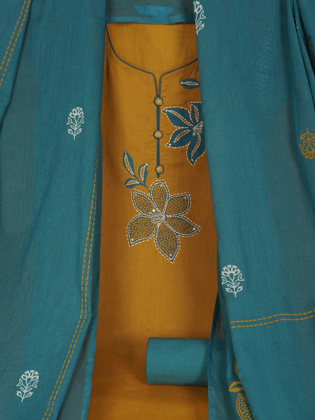 3-piece Floral block-printed suit set with machine highlight details.(Yellow)
