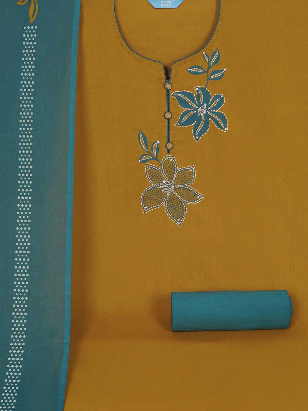 3-piece Floral block-printed suit set with machine highlight details.(Yellow)