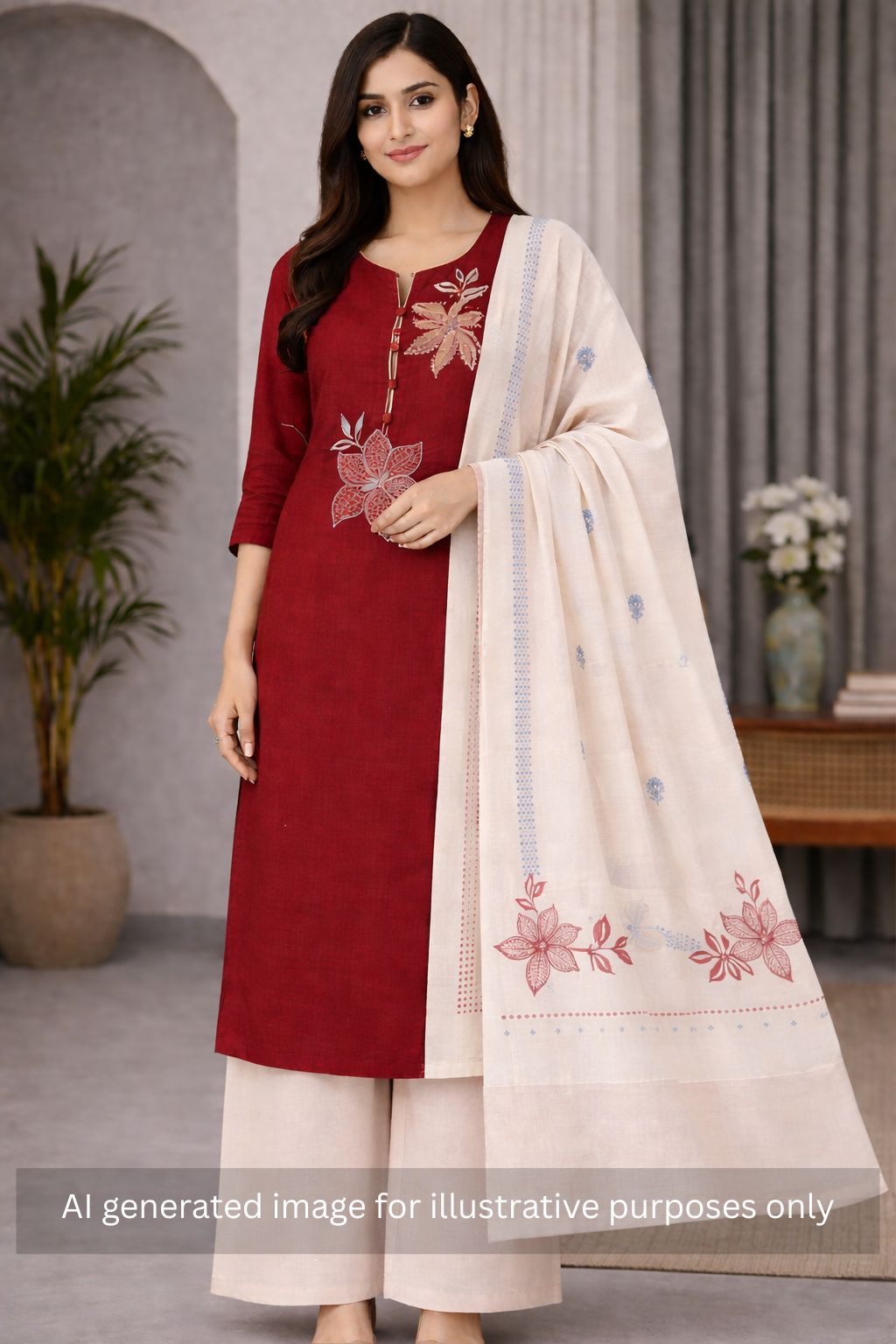 3-piece Floral block-printed unstitched suit set with machine highlight details.(Maroon)