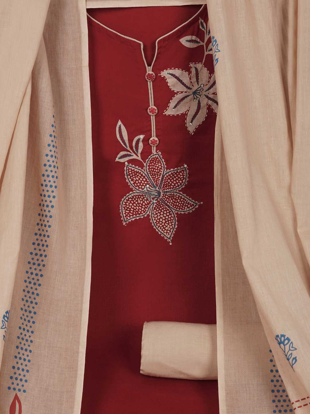 3-piece Floral block-printed suit set with machine highlight details.(Maroon)