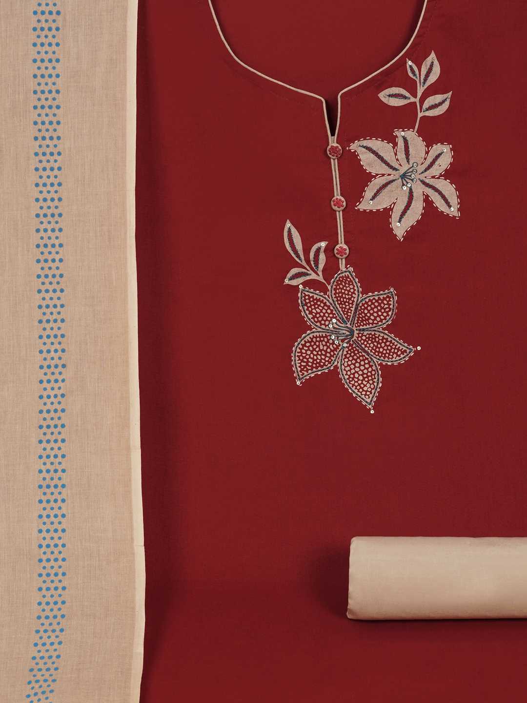 3-piece Floral block-printed suit set with machine highlight details.(Maroon)