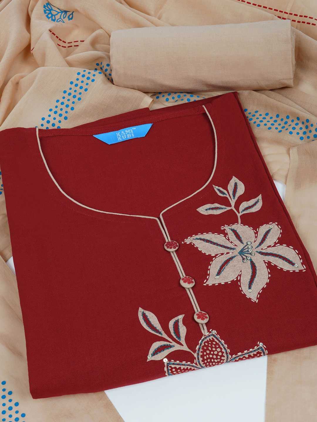 3-piece Floral block-printed suit set with machine highlight details.(Maroon)