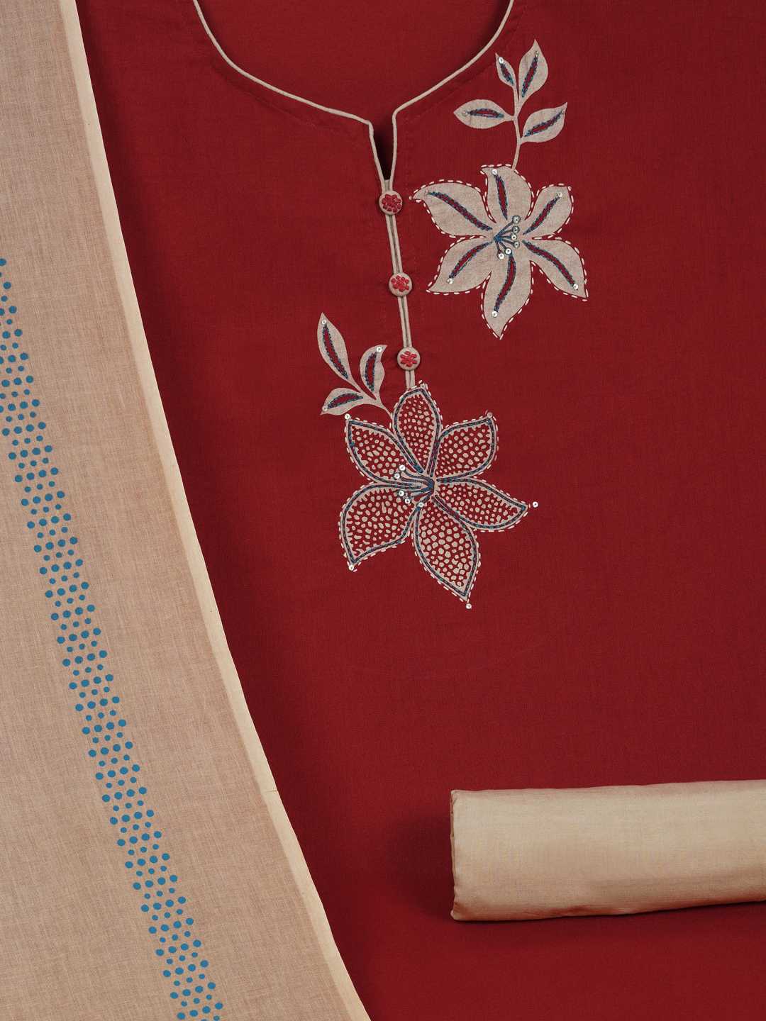 3-piece Floral block-printed suit set with machine highlight details.(Maroon)