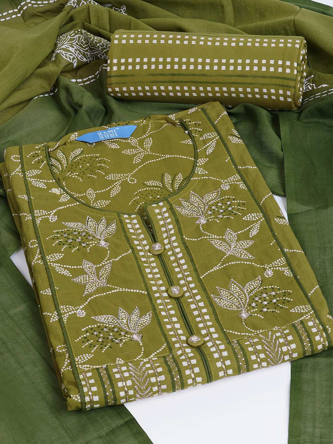 3-piece printed kurta set paired with printed bottoms and a beautifully block-printed mul dupatta.(Green)