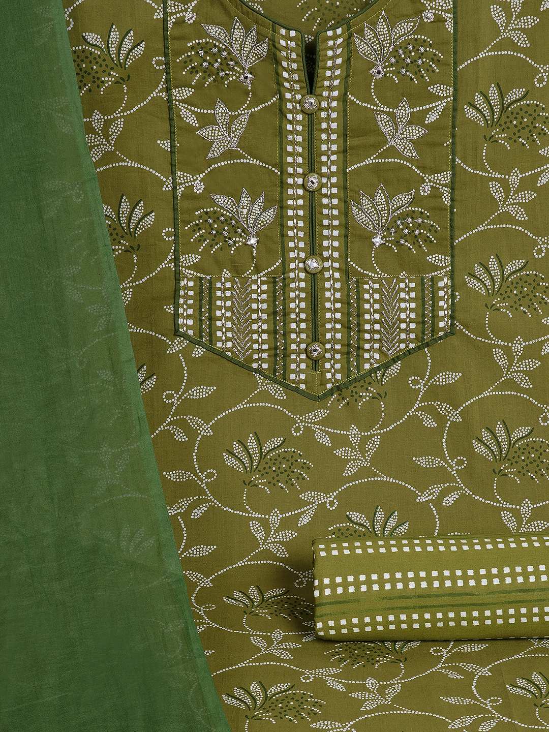 3-piece printed kurta set paired with printed bottoms and a beautifully block-printed mul dupatta.(Green)