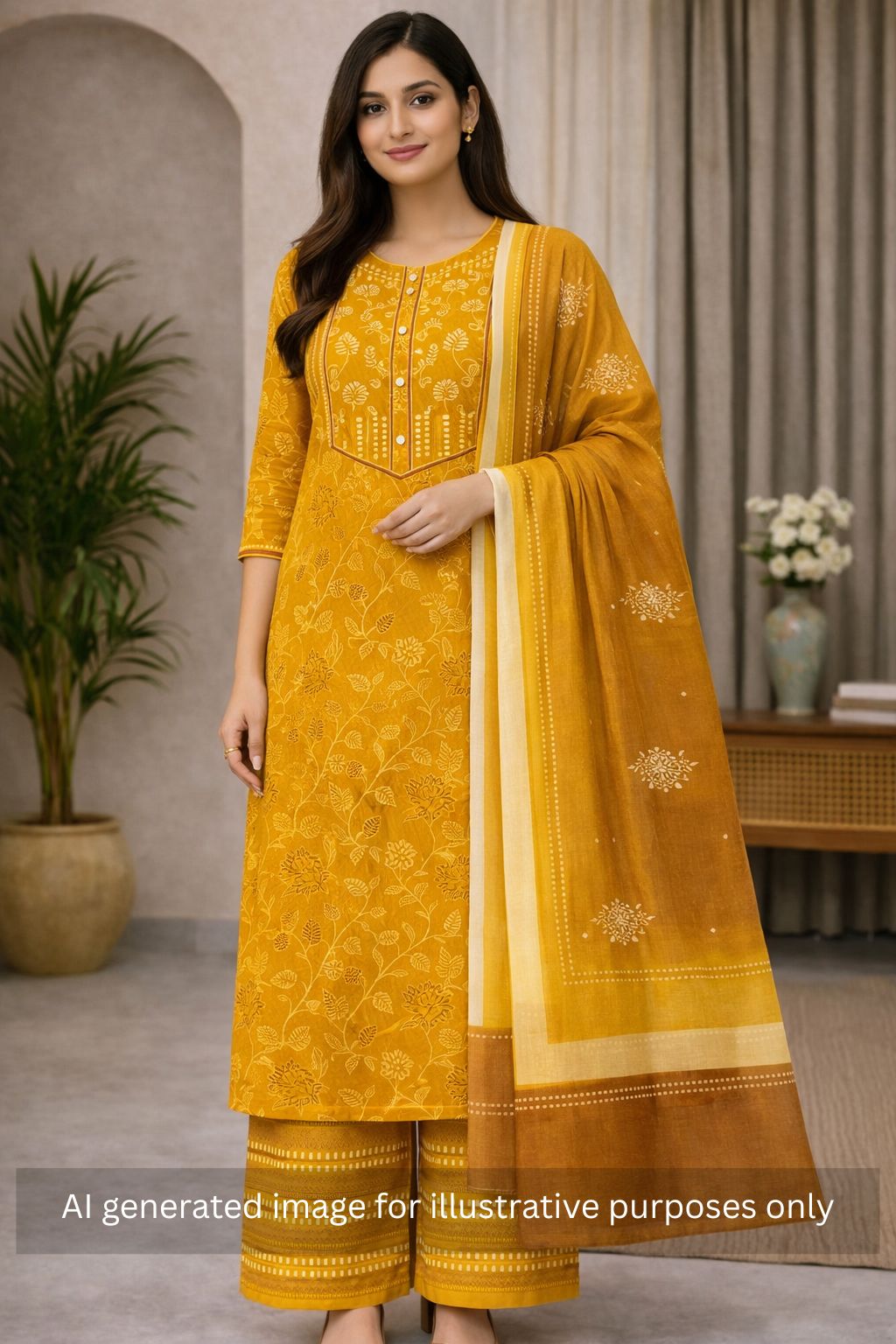 Unstitched suit set paired with printed bottoms and a beautifully block-printed mul dupatta.(Yellow)
