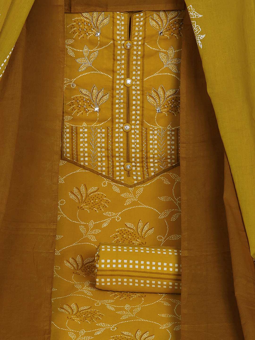 3-piece printed kurta set paired with printed bottoms and a beautifully block-printed mul dupatta.(Yellow)