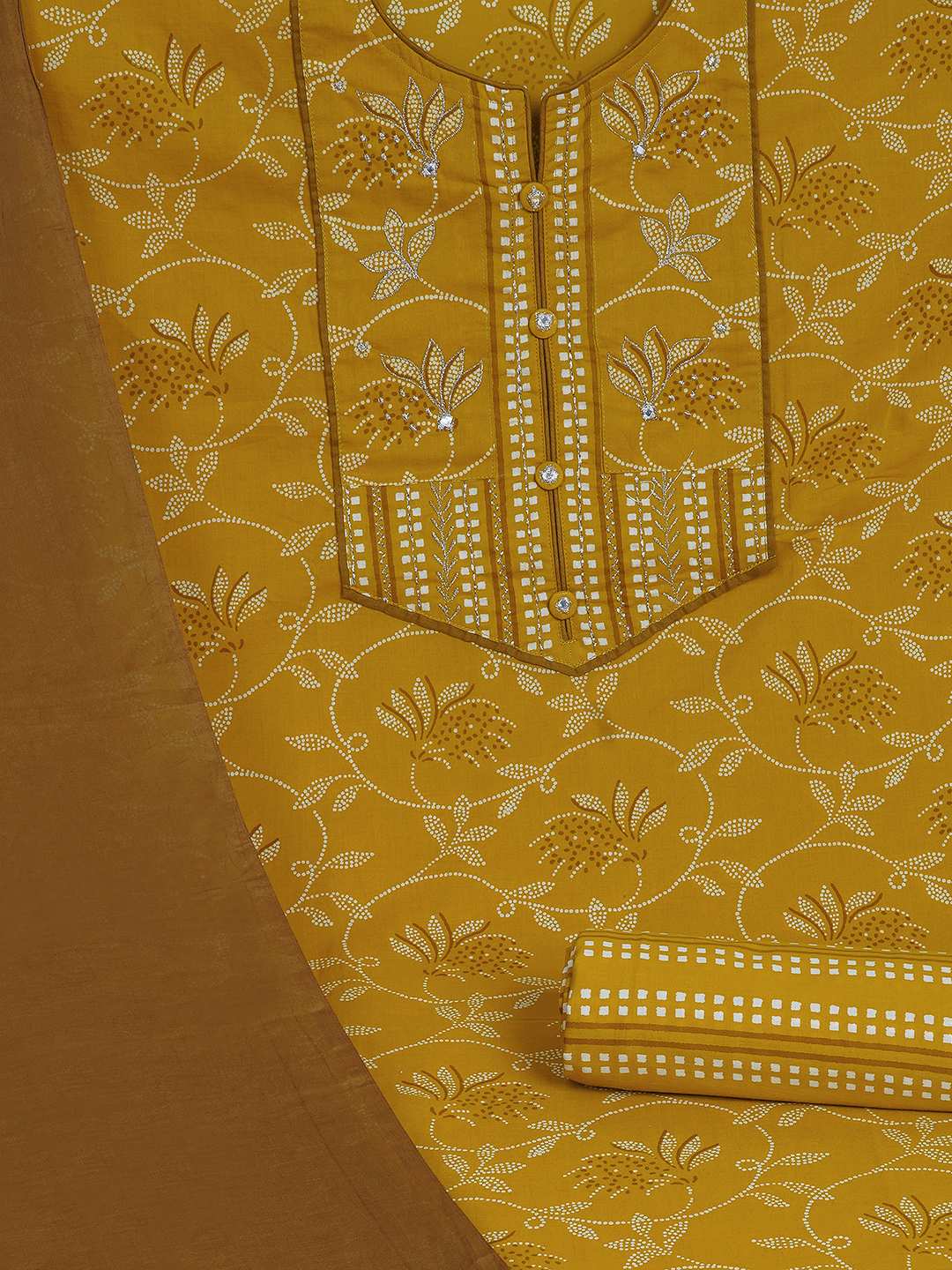 3-piece printed kurta set paired with printed bottoms and a beautifully block-printed mul dupatta.(Yellow)