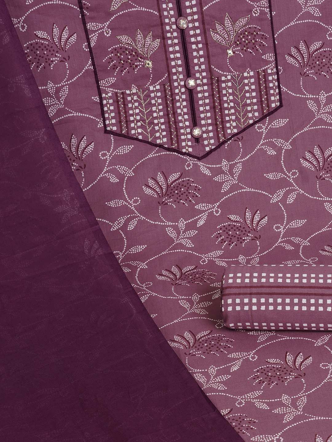 3-piece printed kurta set paired with printed bottoms and a beautifully block-printed mul dupatta.(Purple)
