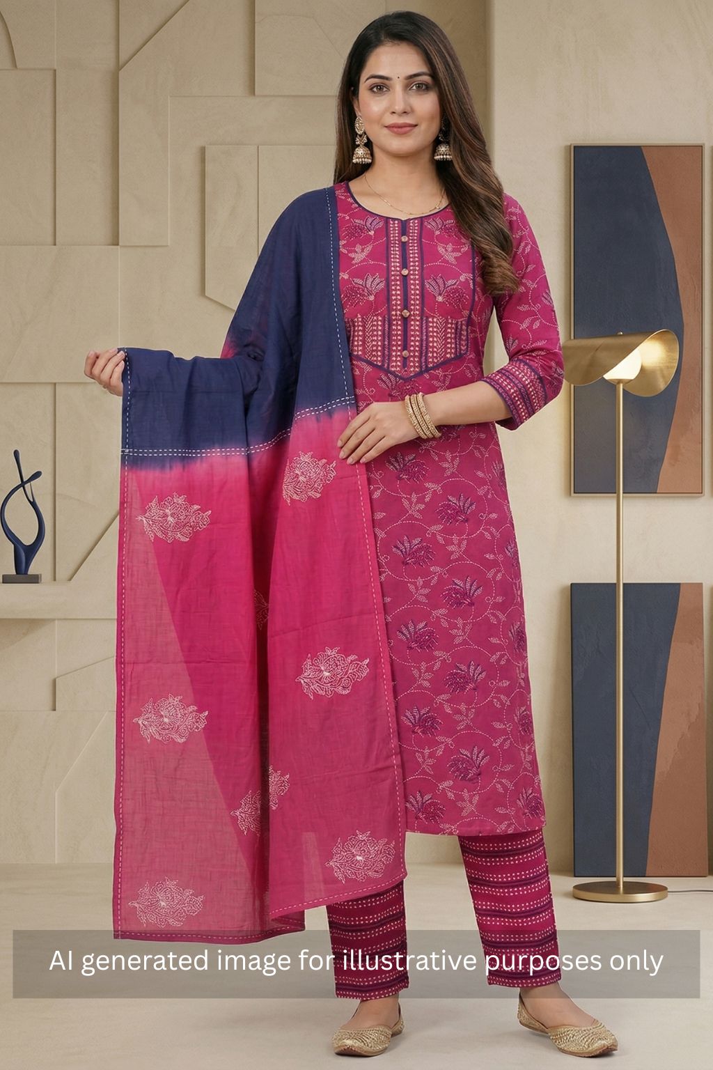 Unstitched suit set paired with printed bottoms and a beautifully block-printed mul dupatta.(Pink)