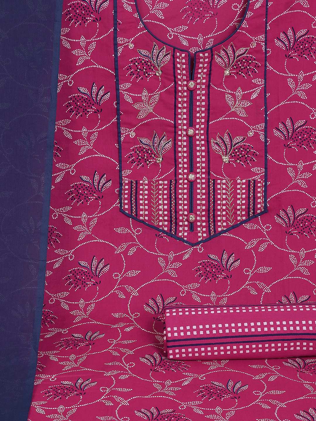 3-piece printed kurta set paired with printed bottoms and a beautifully block-printed mul dupatta.(Pink)