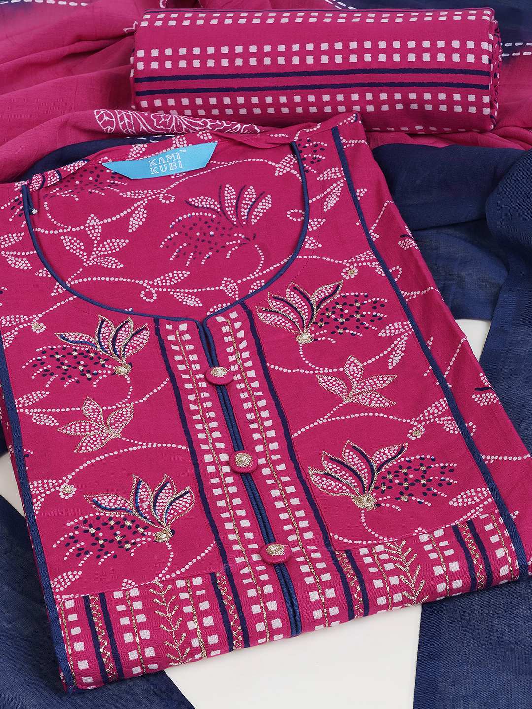 3-piece printed kurta set paired with printed bottoms and a beautifully block-printed mul dupatta.(Pink)