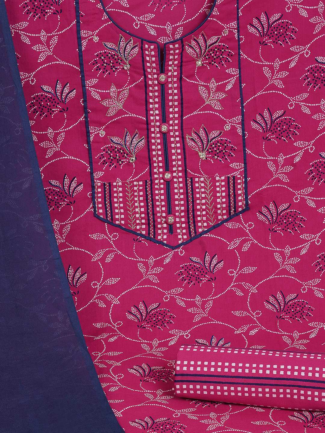 3-piece printed kurta set paired with printed bottoms and a beautifully block-printed mul dupatta.(Pink)