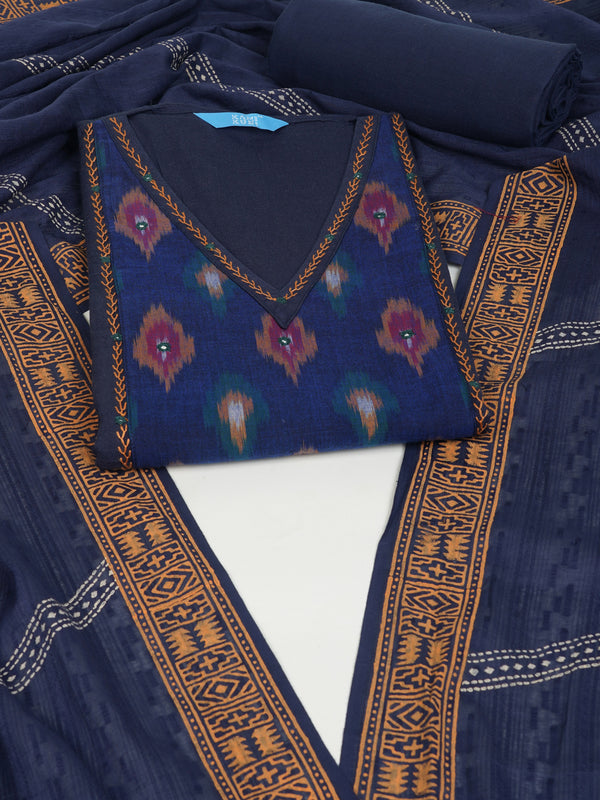 Blue cotton suit set with incorporate the traditional ikat fabric and delicate handwork detail.