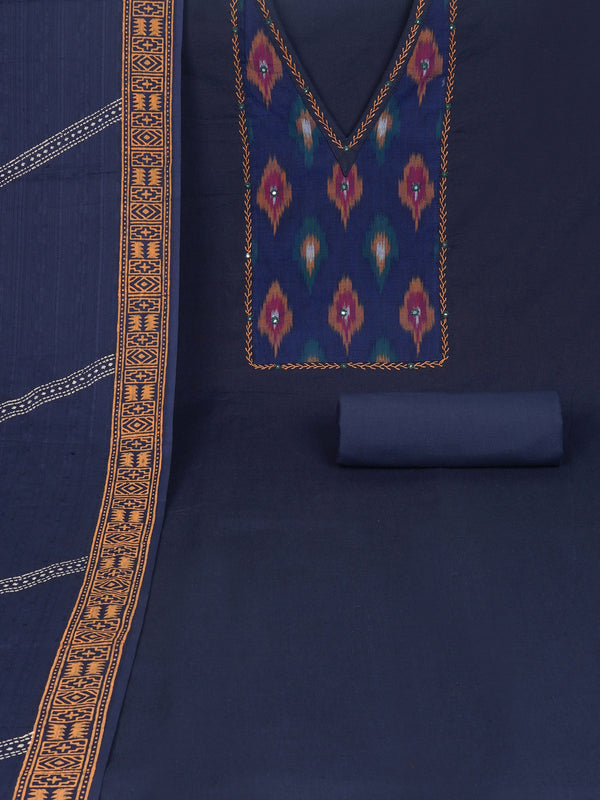 Blue cotton suit set with incorporate the traditional ikat fabric and delicate handwork detail.