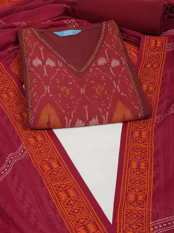Maroon cotton suit set with incorporate the traditional ikat fabric and delicate handwork detail.