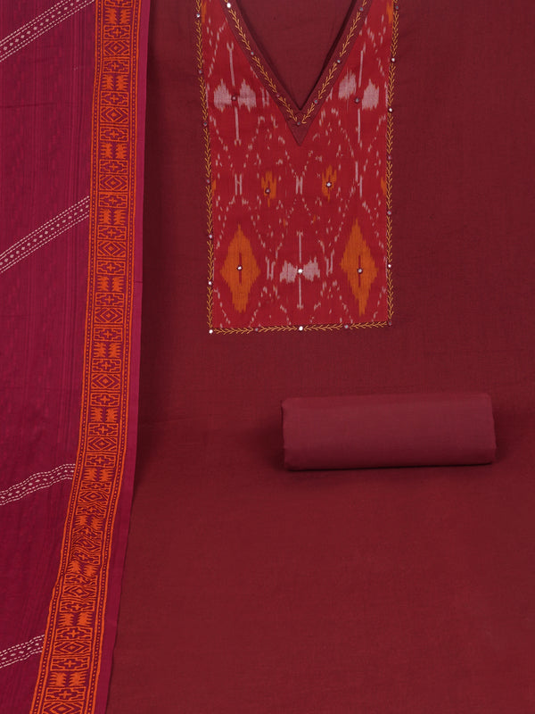 Maroon cotton suit set with incorporate the traditional ikat fabric and delicate handwork detail.