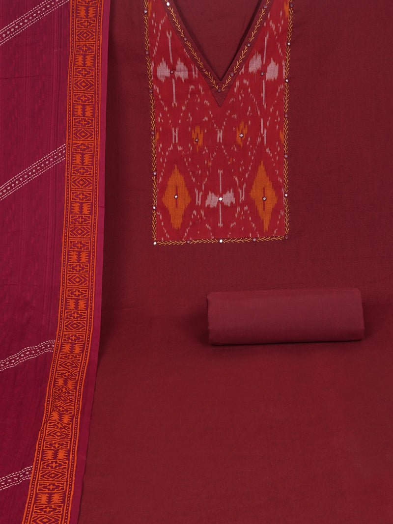 Maroon cotton suit set with incorporate the traditional ikat fabric and delicate handwork detail.