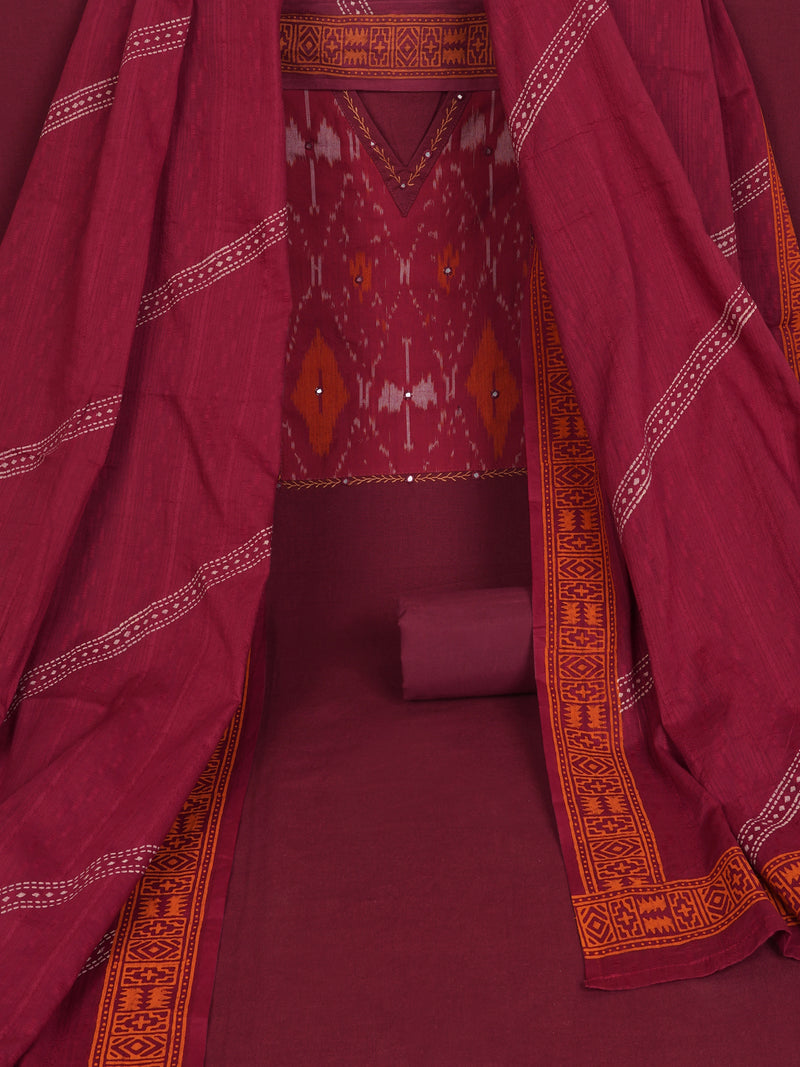 Maroon cotton suit set with incorporate the traditional ikat fabric and delicate handwork detail.