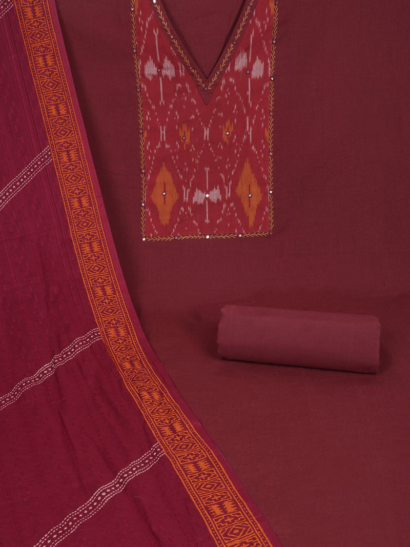 Maroon cotton suit set with incorporate the traditional ikat fabric and delicate handwork detail.