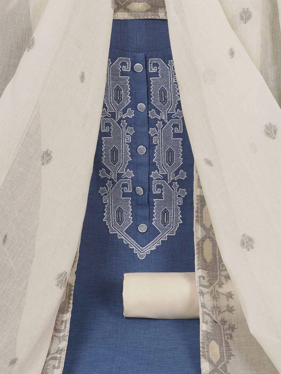 3-piece unstitched set features a blue embroidered top paired with a soft cream dupatta showcasing subtle woven motifs.